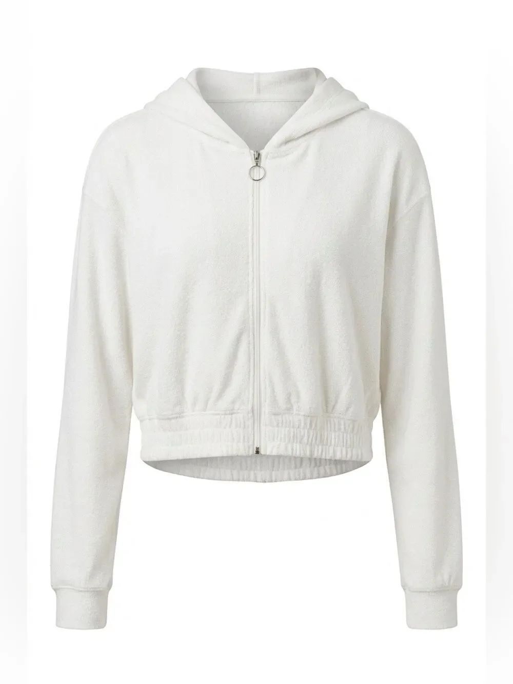 White Stretch Terry Zip-Up Hoodie